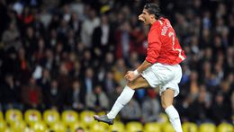 Cristiano Ronaldo celebrates his goal in the 2008 Champions League final for Manchester United