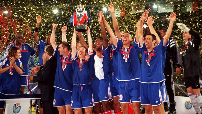 France lift the European Championship trophy after David Trezeguet's golden goal