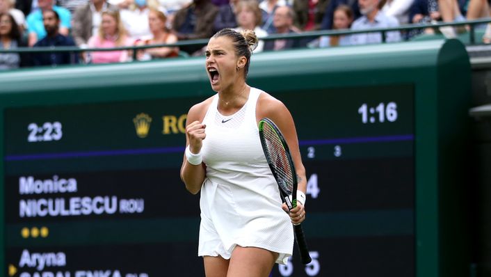 Aryna Sabalenka celebrates her first round victory at Wimbledon