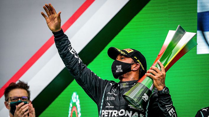 Lewis Hamilton celebrates winning the 2020 F1 Portuguese Grand Prix