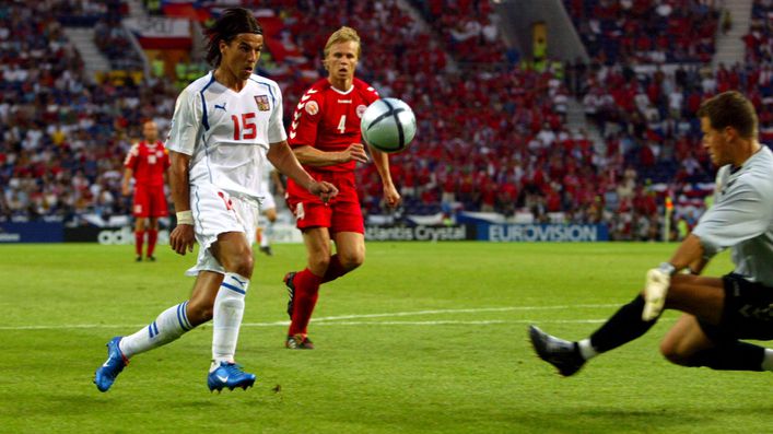 Milan Baros scores the first of his two goals against Denmark