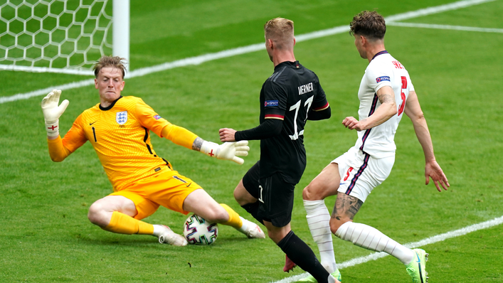 Chelsea striker Timo Werner goes closest for Germany in the first half, forcing Jordan Pickford into a save
