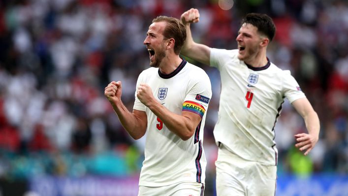 England skipper Harry Kane celebrates after netting his first goal at Euro 2020